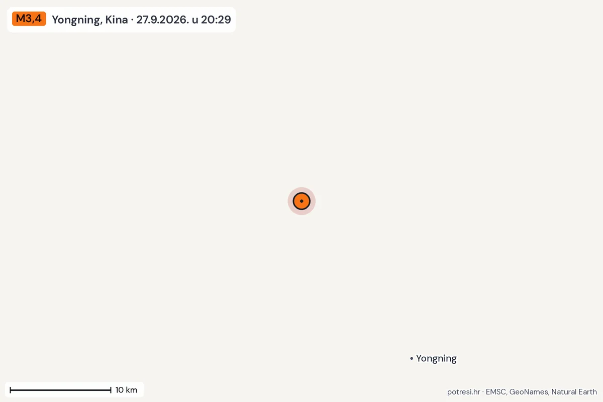 Karta: okolica epicentra, 60 km, potres M3,4, Yongning, Kina, 27.9.2026.