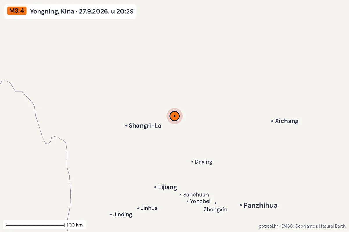 Karta: šire područje, 600 km, potres M3,4, Yongning, Kina, 27.9.2026.