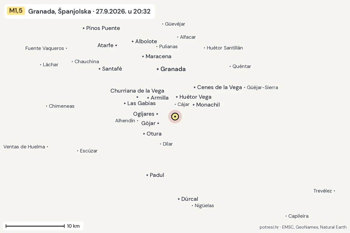 Karta: okolica epicentra, 60 km, potres M1,5, Granada, Španjolska, 27.9.2026.