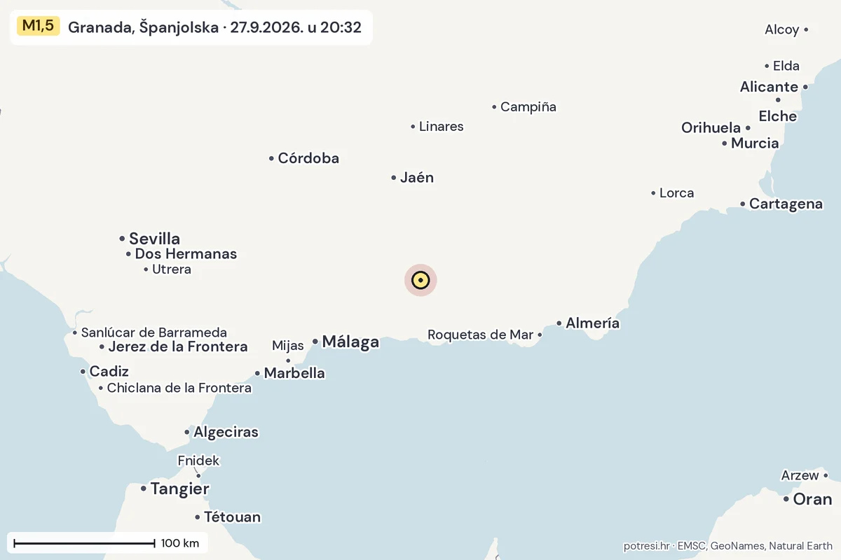 Karta: šire područje, 600 km, potres M1,5, Granada, Španjolska, 27.9.2026.