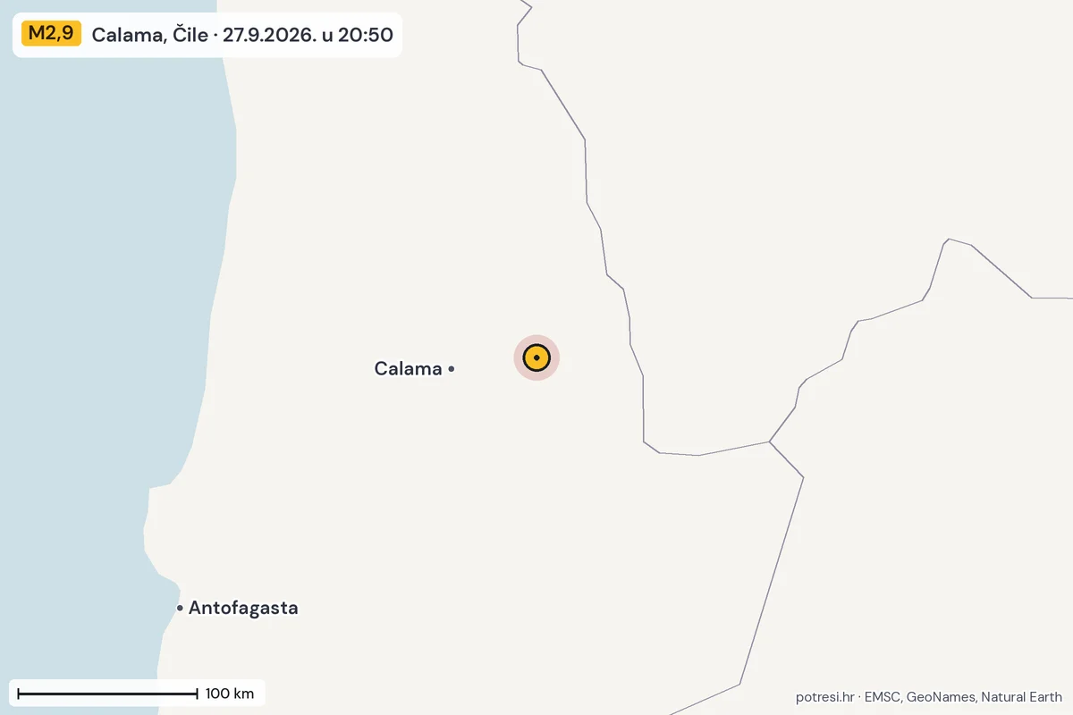 Karta: šire područje, 600 km, potres M2,9, Calama, Čile, 27.9.2026.