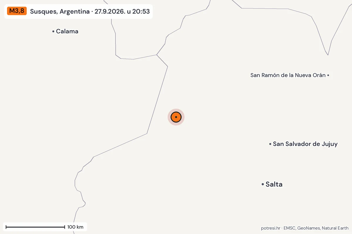 Karta: šire područje, 600 km, potres M3,8, Susques, Argentina, 27.9.2026.