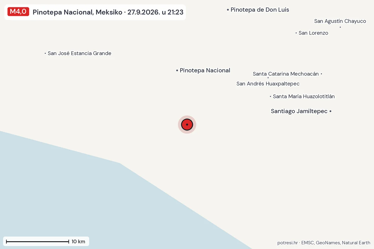 Karta: okolica epicentra, 60 km, potres M4,0, Pinotepa Nacional, Meksiko, 27.9.2026.