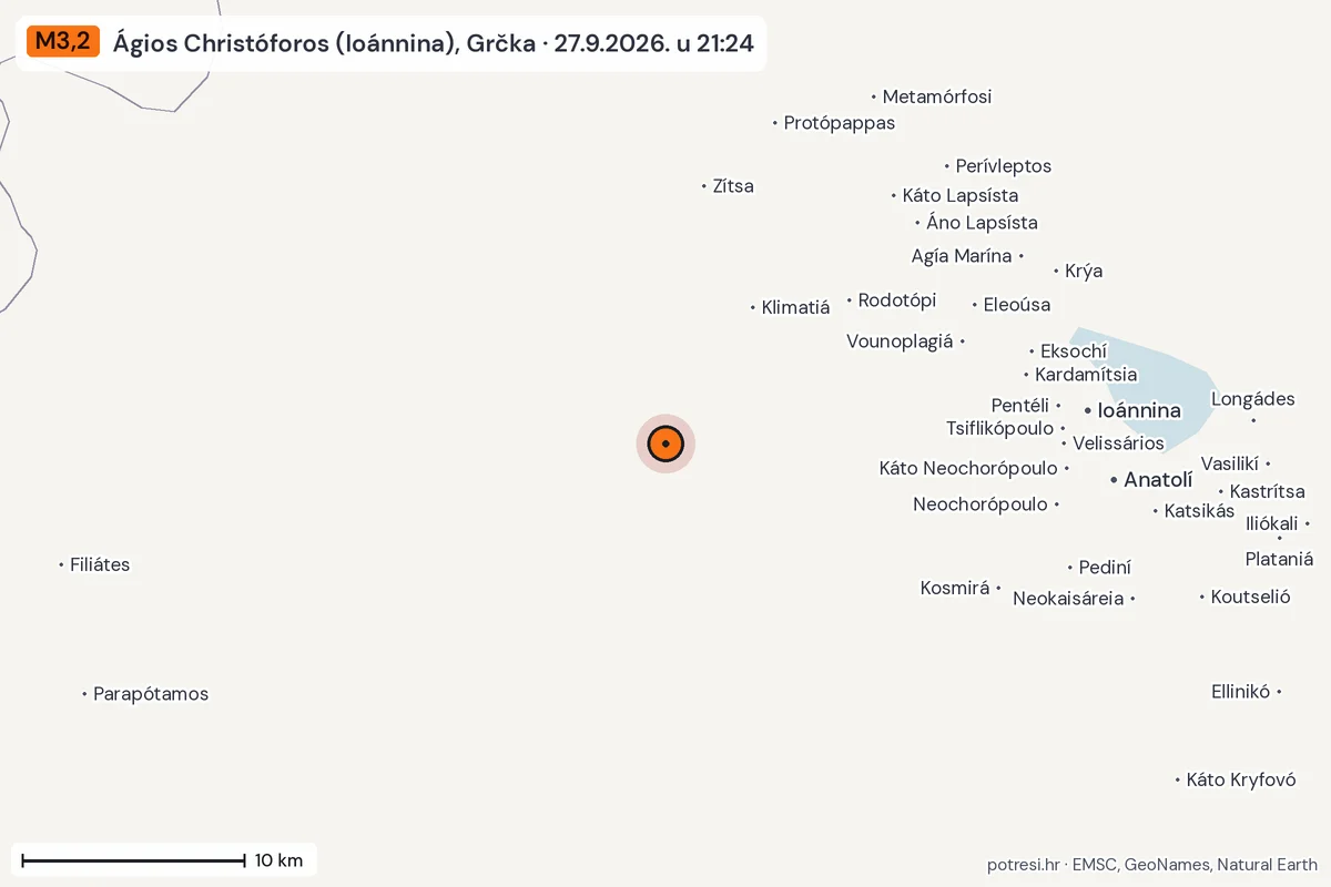 Karta: okolica epicentra, 60 km, potres M3,2, Ágios Christóforos (Ioánnina), Grčka, 27.9.2026.
