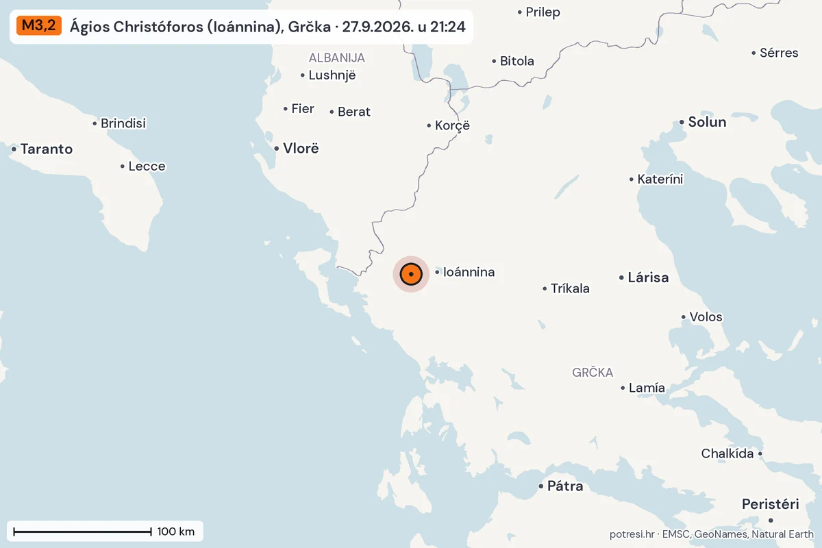 Karta: šire područje, 600 km, potres M3,2, Ágios Christóforos (Ioánnina), Grčka, 27.9.2026.