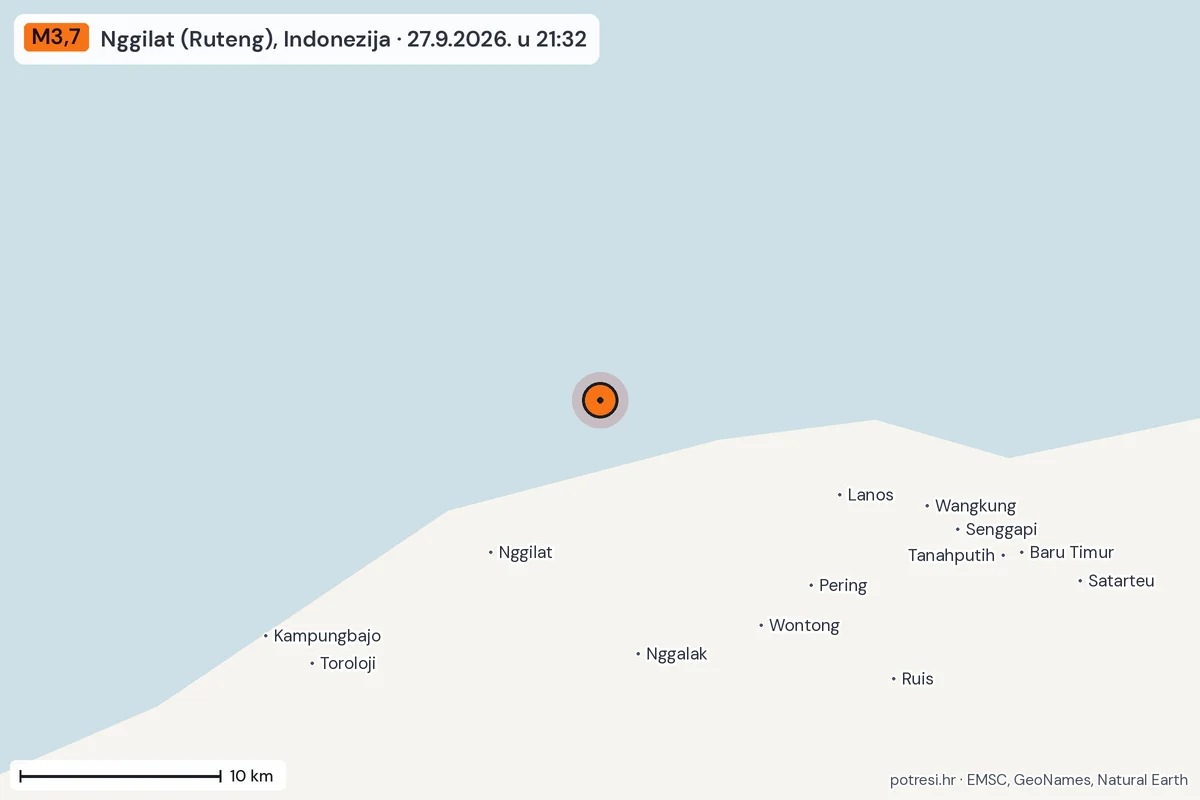 Karta: okolica epicentra, 60 km, potres M3,7, Nggilat (Ruteng), Indonezija, 27.9.2026.
