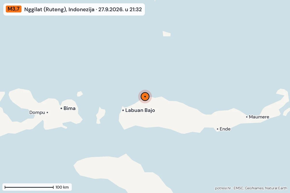 Karta: šire područje, 600 km, potres M3,7, Nggilat (Ruteng), Indonezija, 27.9.2026.