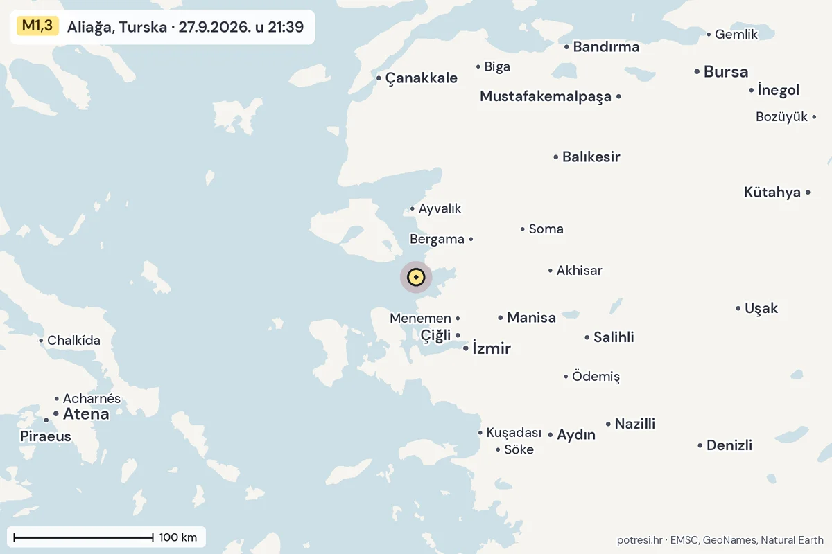 Karta: šire područje, 600 km, potres M1,3, Aliağa, Turska, 27.9.2026.