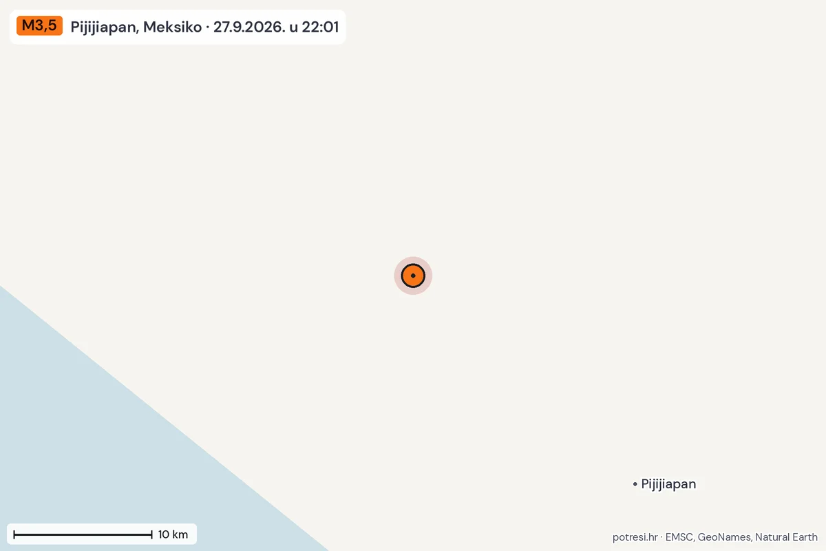 Karta: okolica epicentra, 60 km, potres M3,5, Pijijiapan, Meksiko, 27.9.2026.