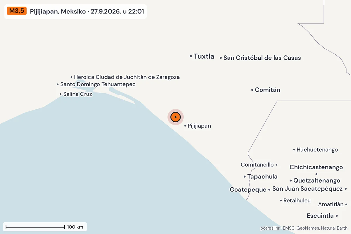 Karta: šire područje, 600 km, potres M3,5, Pijijiapan, Meksiko, 27.9.2026.