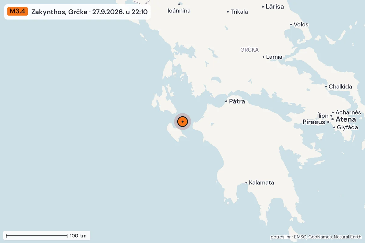 Karta: šire područje, 600 km, potres M3,4, Zakynthos, Grčka, 27.9.2026.