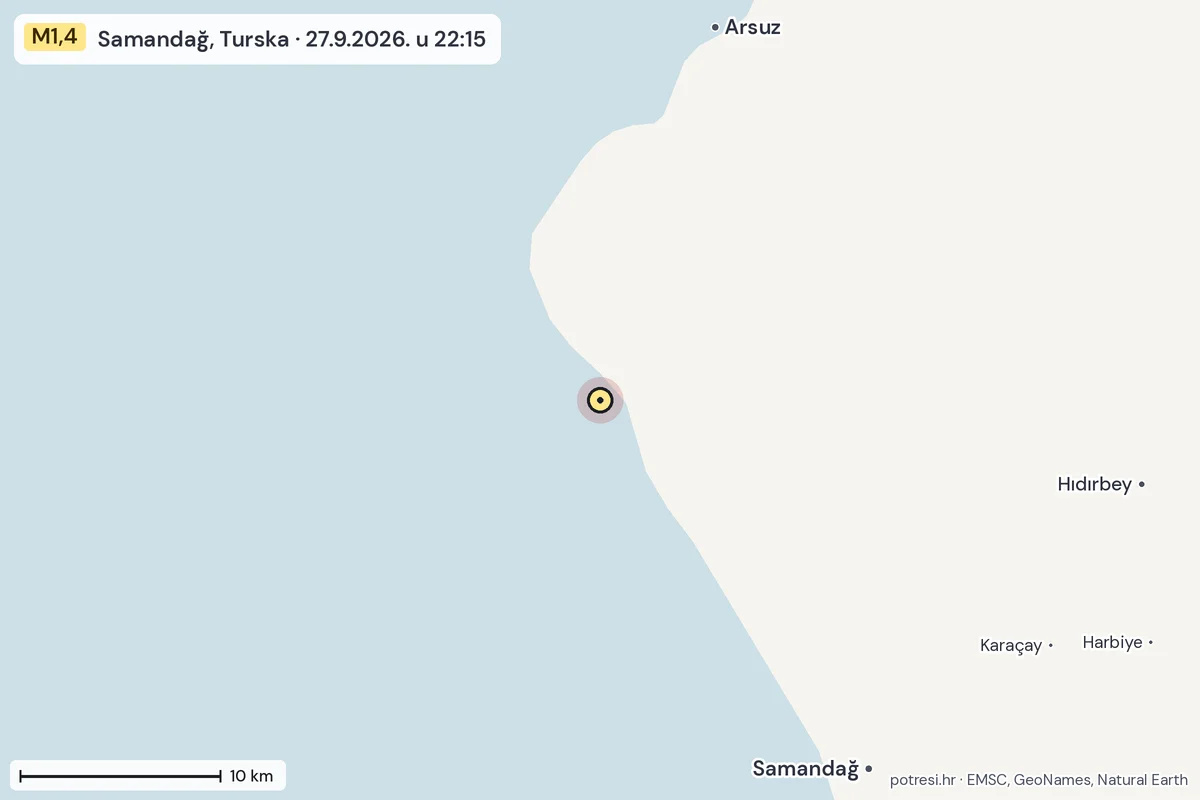 Karta: okolica epicentra, 60 km, potres M1,4, Samandağ, Turska, 27.9.2026.