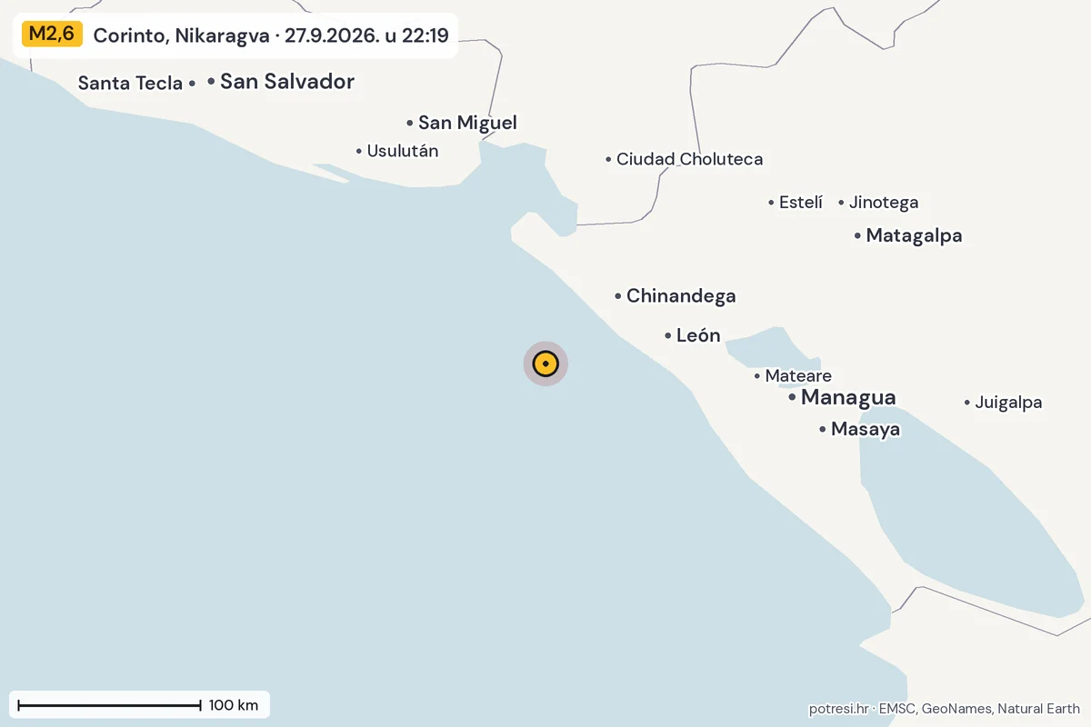 Karta: šire područje, 600 km, potres M2,6, Corinto, Nikaragva, 27.9.2026.