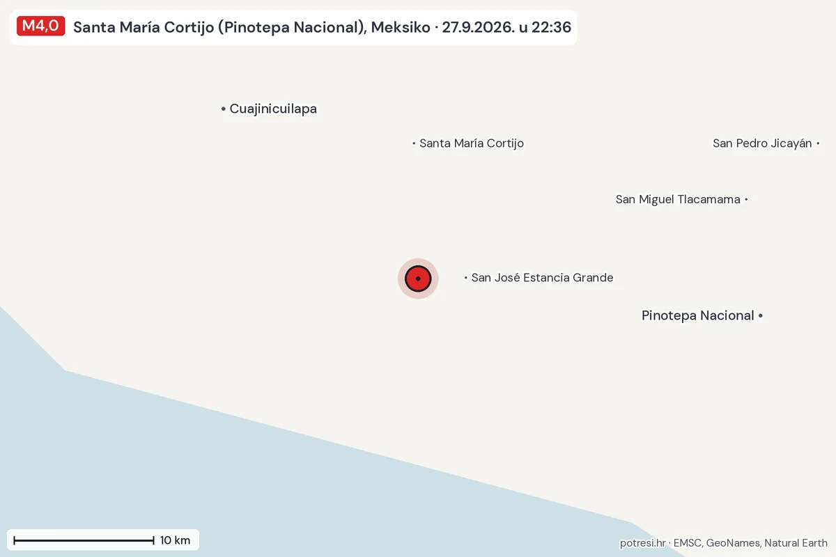 Karta: okolica epicentra, 60 km, potres M4,0, Santa María Cortijo (Pinotepa Nacional), Meksiko, 27.9.2026.