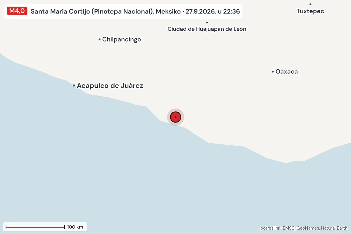 Karta: šire područje, 600 km, potres M4,0, Santa María Cortijo (Pinotepa Nacional), Meksiko, 27.9.2026.