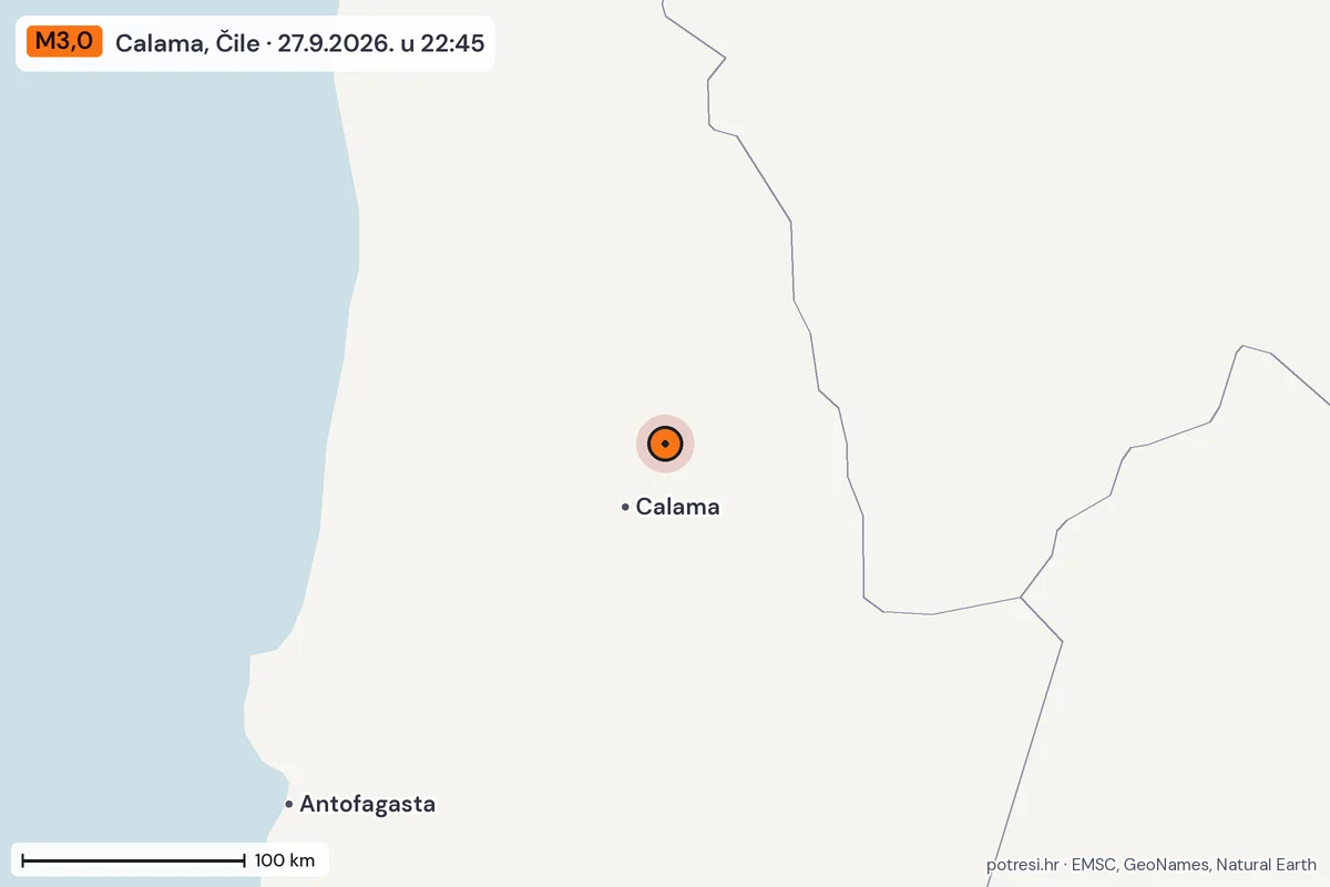 Karta: šire područje, 600 km, potres M3,0, Calama, Čile, 27.9.2026.