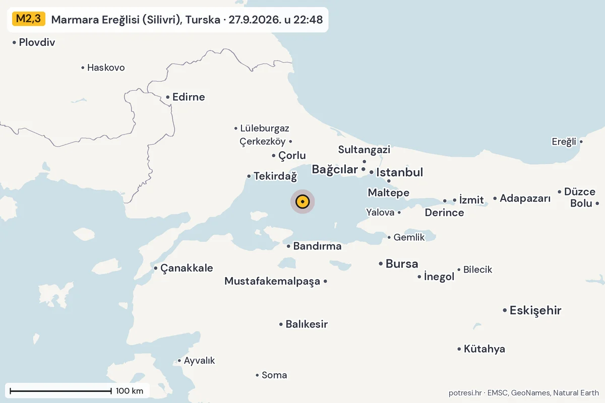 Karta: šire područje, 600 km, potres M2,3, Marmara Ereğlisi (Silivri), Turska, 27.9.2026.