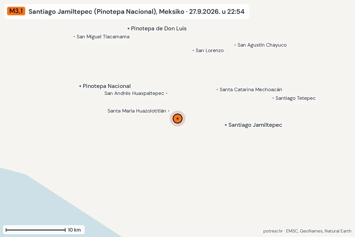 Karta: okolica epicentra, 60 km, potres M3,1, Santiago Jamiltepec (Pinotepa Nacional), Meksiko, 27.9.2026.