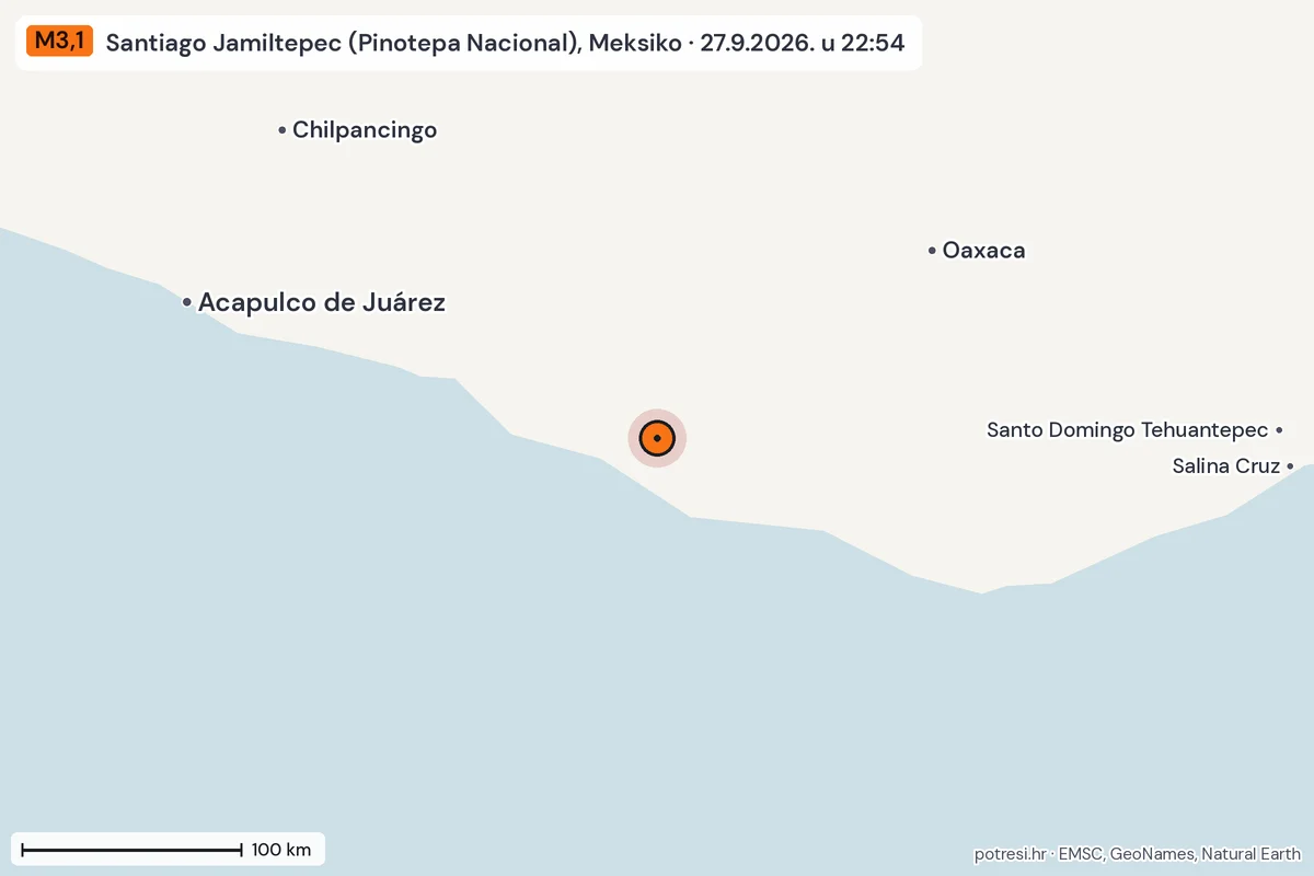 Karta: šire područje, 600 km, potres M3,1, Santiago Jamiltepec (Pinotepa Nacional), Meksiko, 27.9.2026.