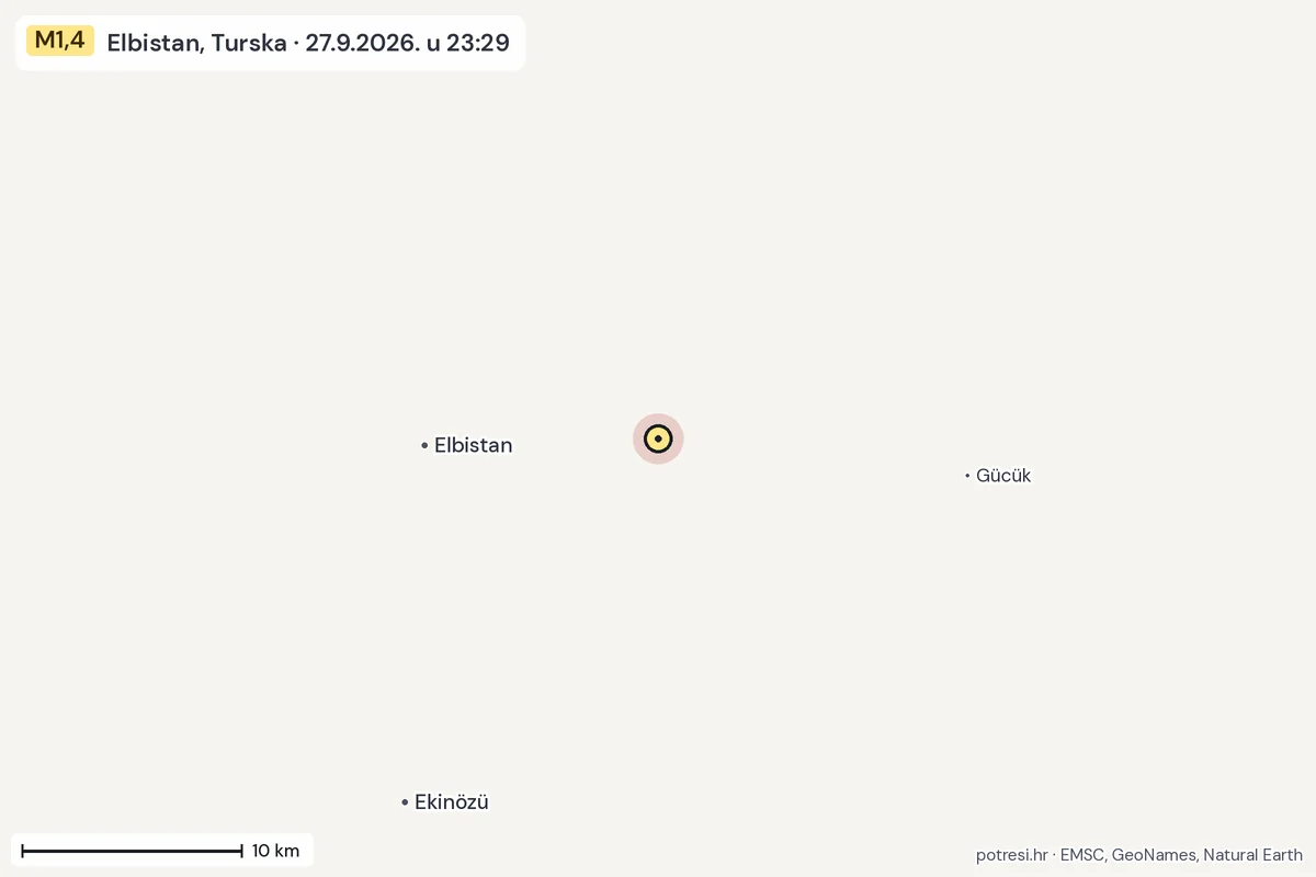 Karta: okolica epicentra, 60 km, potres M1,4, Elbistan, Turska, 27.9.2026.