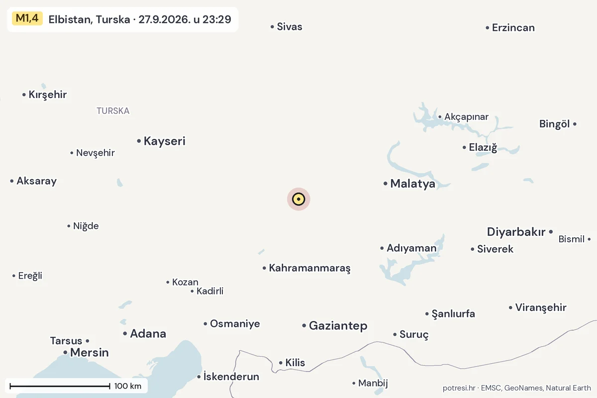 Karta: šire područje, 600 km, potres M1,4, Elbistan, Turska, 27.9.2026.