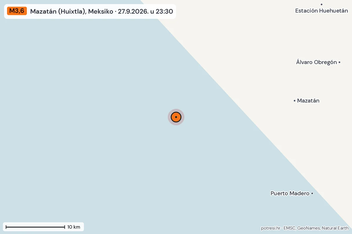 Karta: okolica epicentra, 60 km, potres M3,6, Mazatán (Huixtla), Meksiko, 27.9.2026.