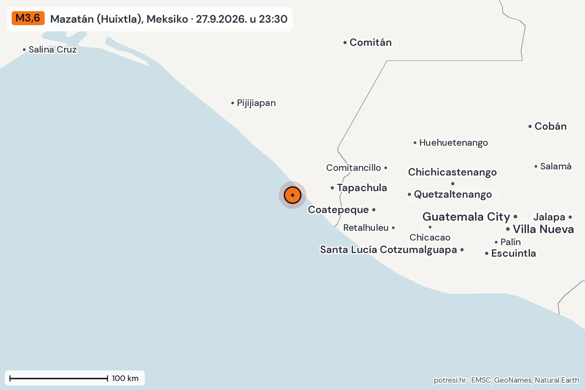 Karta: šire područje, 600 km, potres M3,6, Mazatán (Huixtla), Meksiko, 27.9.2026.