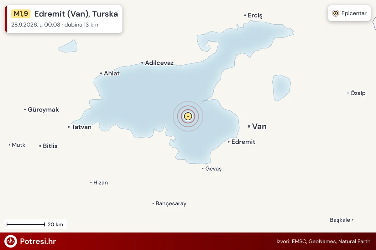 Karta: šire područje i vjerojatni doseg osjeta, potres M1,9, Edremit (Van), Turska, 28.9.2026.
