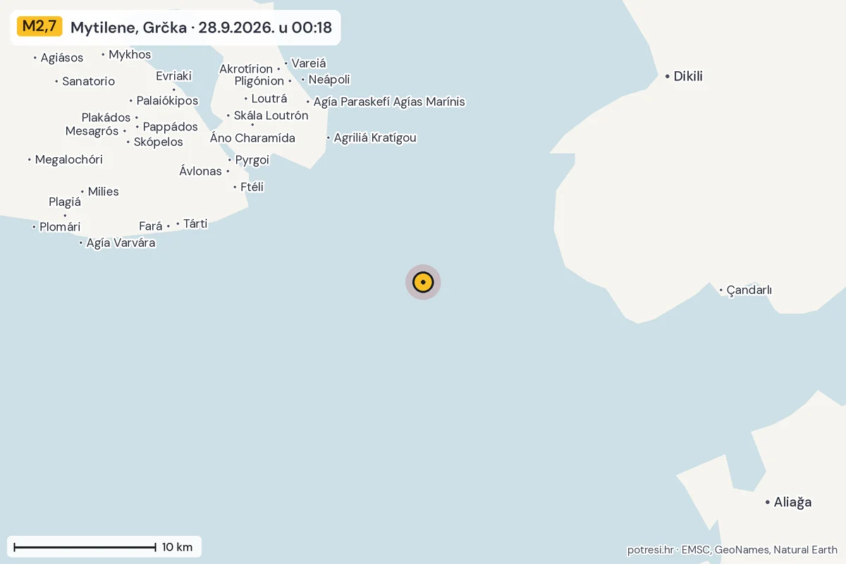 Karta: okolica epicentra, 60 km, potres M2,7, Mytilene, Grčka, 28.9.2026.