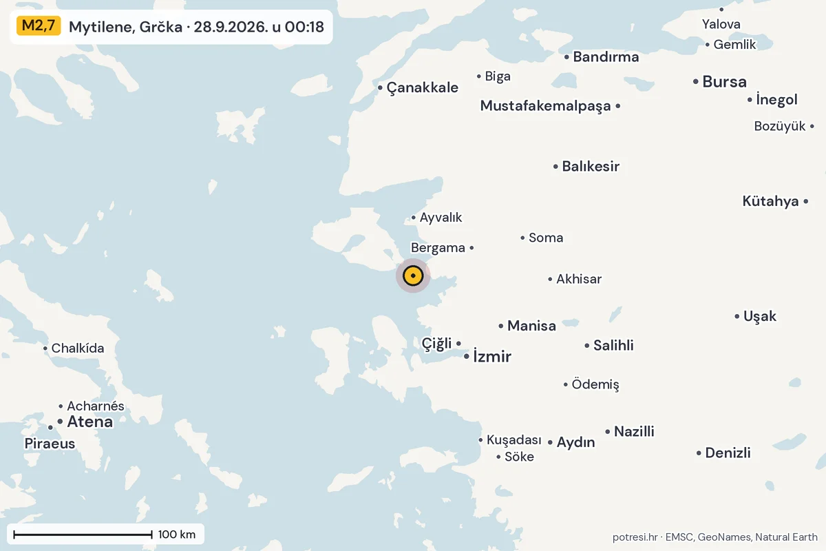 Karta: šire područje, 600 km, potres M2,7, Mytilene, Grčka, 28.9.2026.
