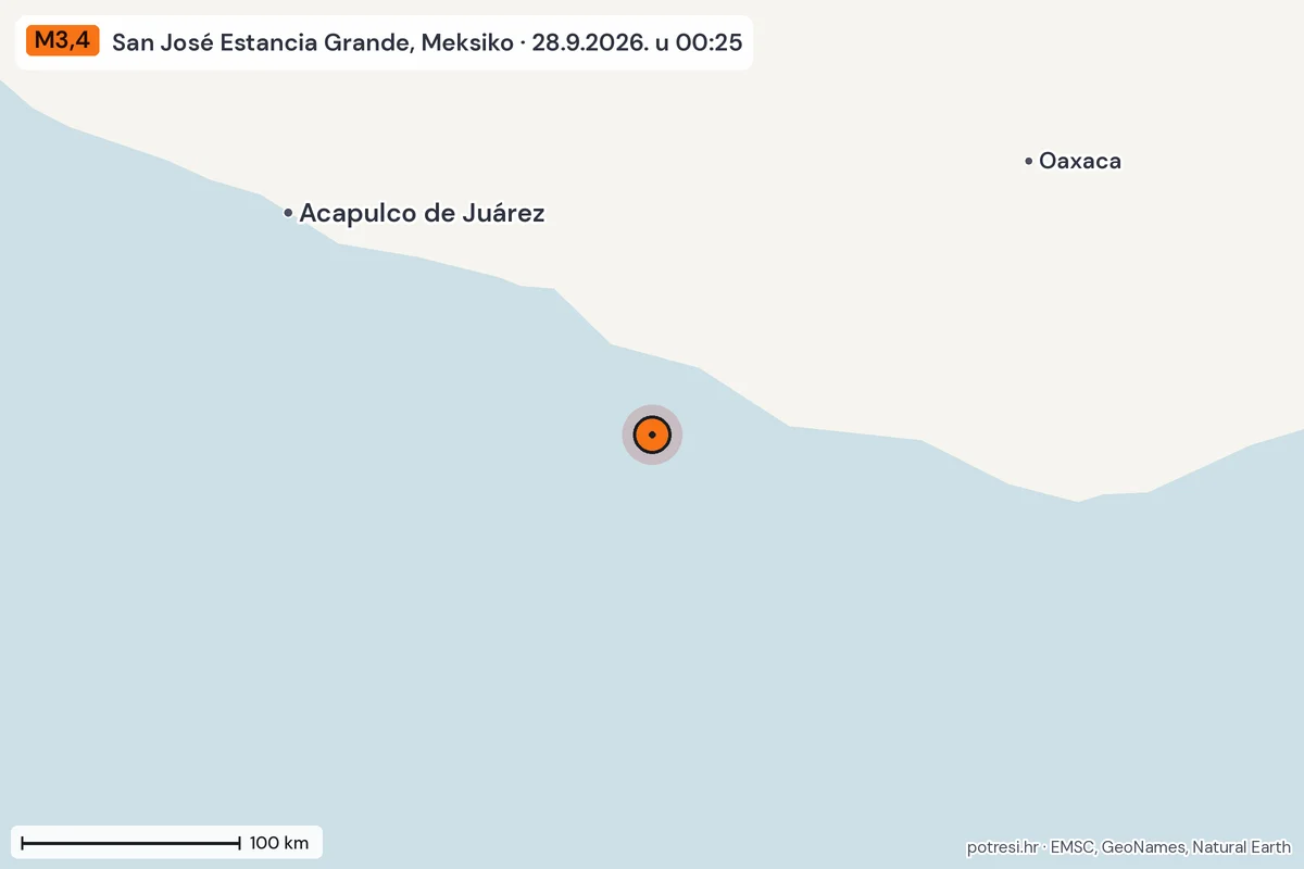 Karta: šire područje, 600 km, potres M3,4, San José Estancia Grande, Meksiko, 28.9.2026.