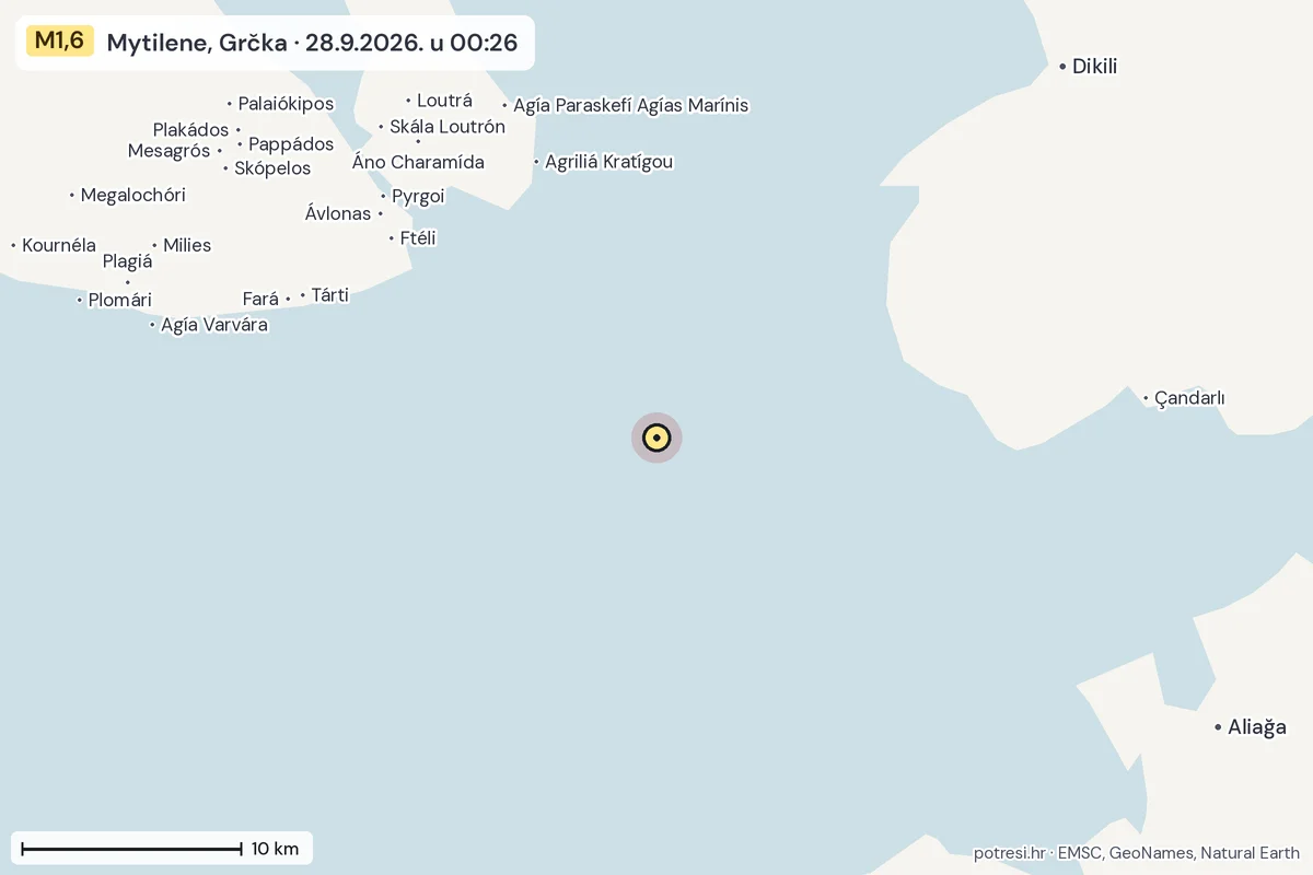 Karta: okolica epicentra, 60 km, potres M1,6, Mytilene, Grčka, 28.9.2026.
