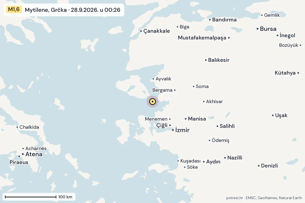 Karta: šire područje, 600 km, potres M1,6, Mytilene, Grčka, 28.9.2026.