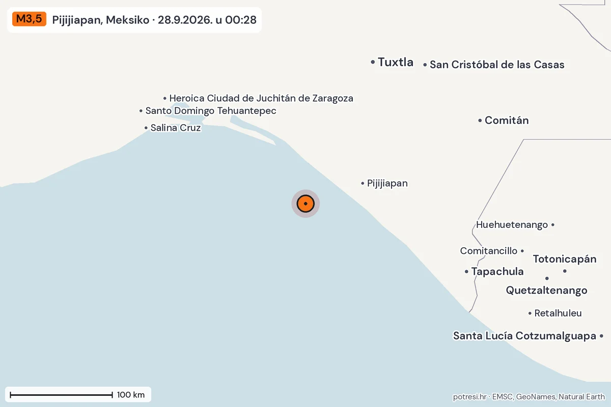 Karta: šire područje, 600 km, potres M3,5, Pijijiapan, Meksiko, 28.9.2026.