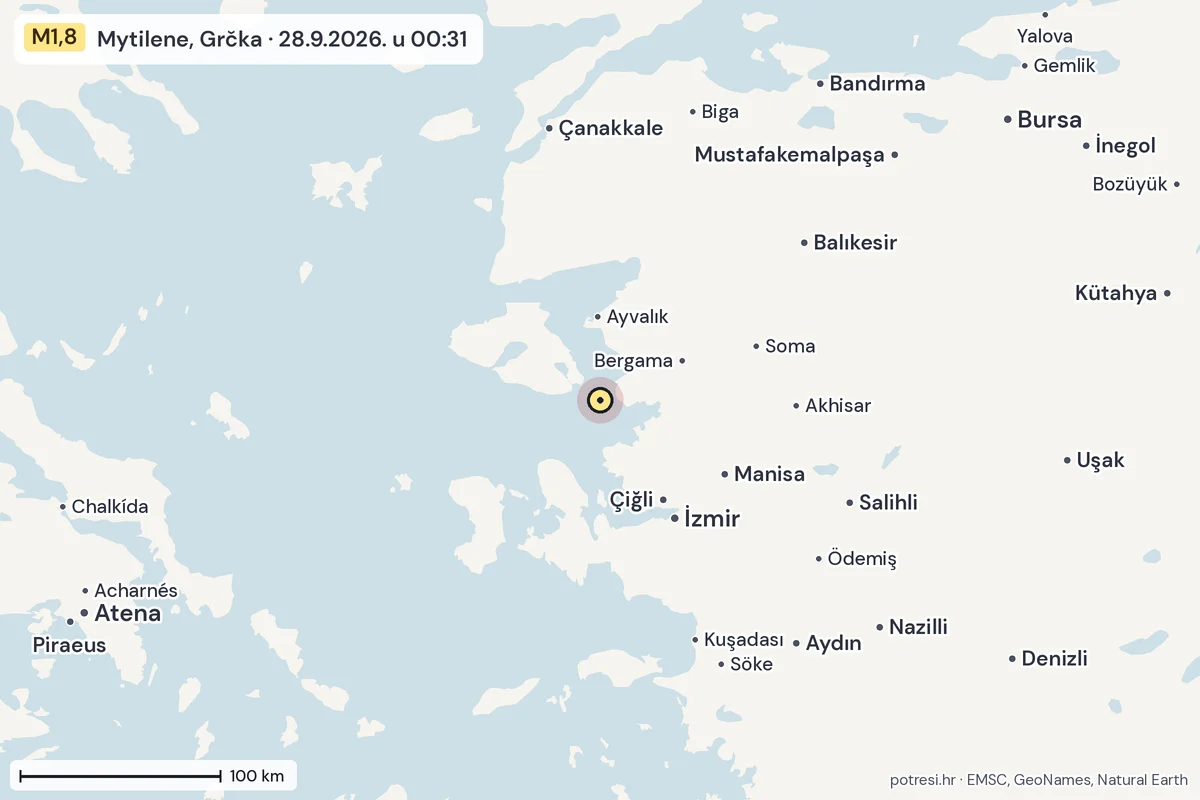 Karta: šire područje, 600 km, potres M1,8, Mytilene, Grčka, 28.9.2026.