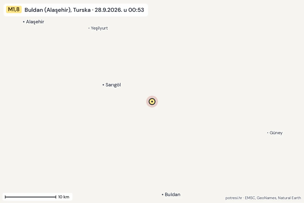 Karta: okolica epicentra, 60 km, potres M1,8, Buldan (Alaşehir), Turska, 28.9.2026.