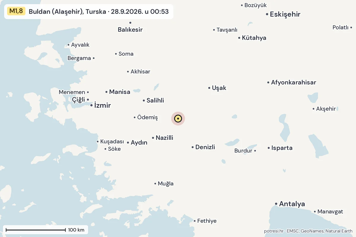 Karta: šire područje, 600 km, potres M1,8, Buldan (Alaşehir), Turska, 28.9.2026.