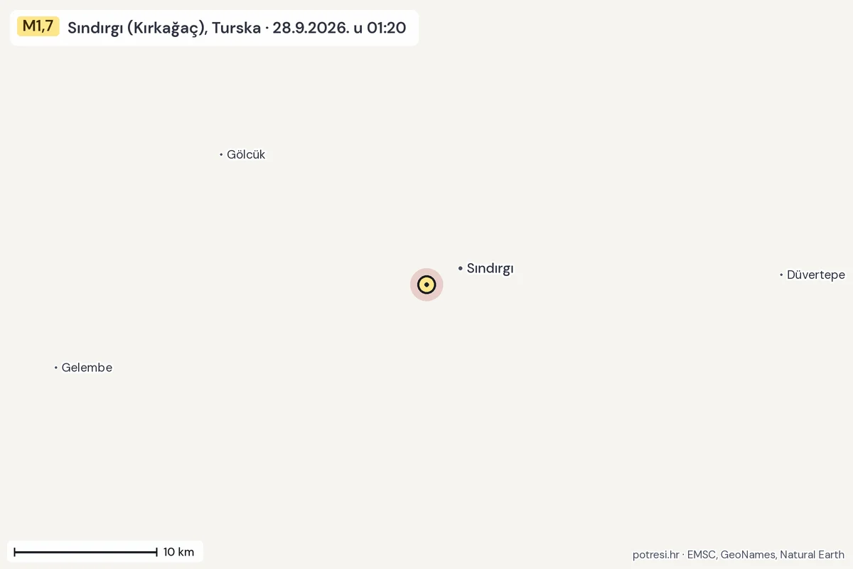 Karta: okolica epicentra, 60 km, potres M1,7, Sındırgı (Kırkağaç), Turska, 28.9.2026.