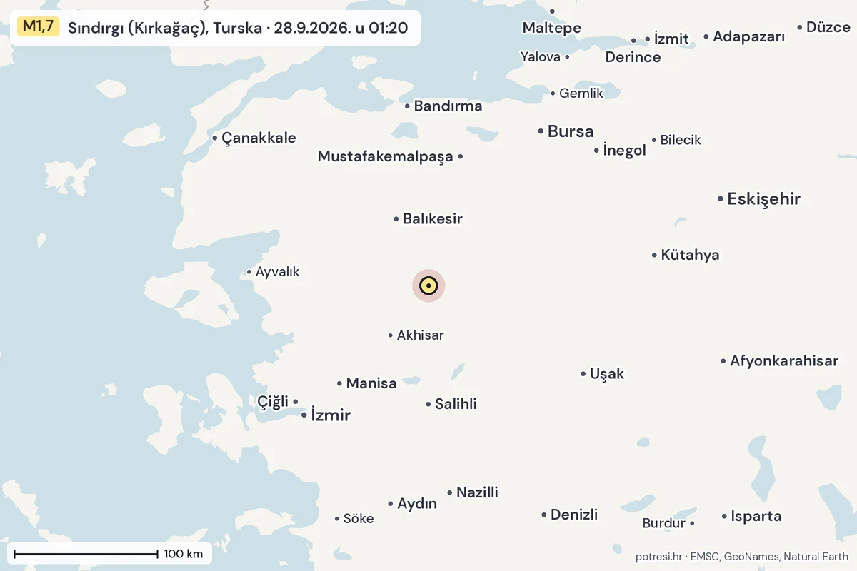 Karta: šire područje, 600 km, potres M1,7, Sındırgı (Kırkağaç), Turska, 28.9.2026.
