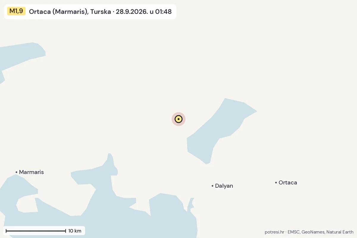 Karta: okolica epicentra, 60 km, potres M1,9, Ortaca (Marmaris), Turska, 28.9.2026.