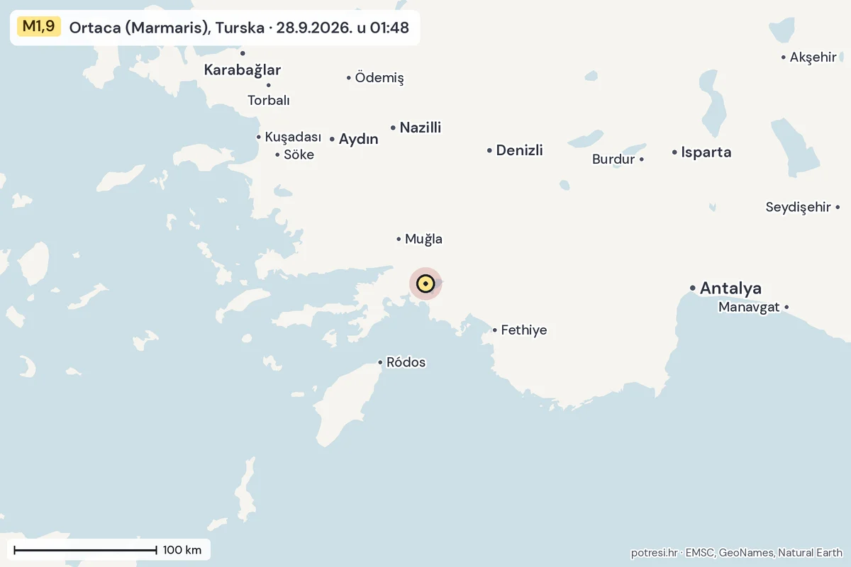 Karta: šire područje, 600 km, potres M1,9, Ortaca (Marmaris), Turska, 28.9.2026.