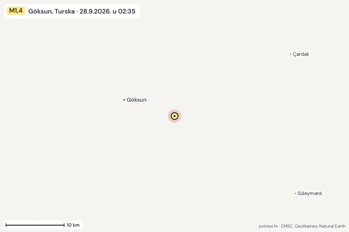 Karta: okolica epicentra, 60 km, potres M1,4, Göksun, Turska, 28.9.2026.