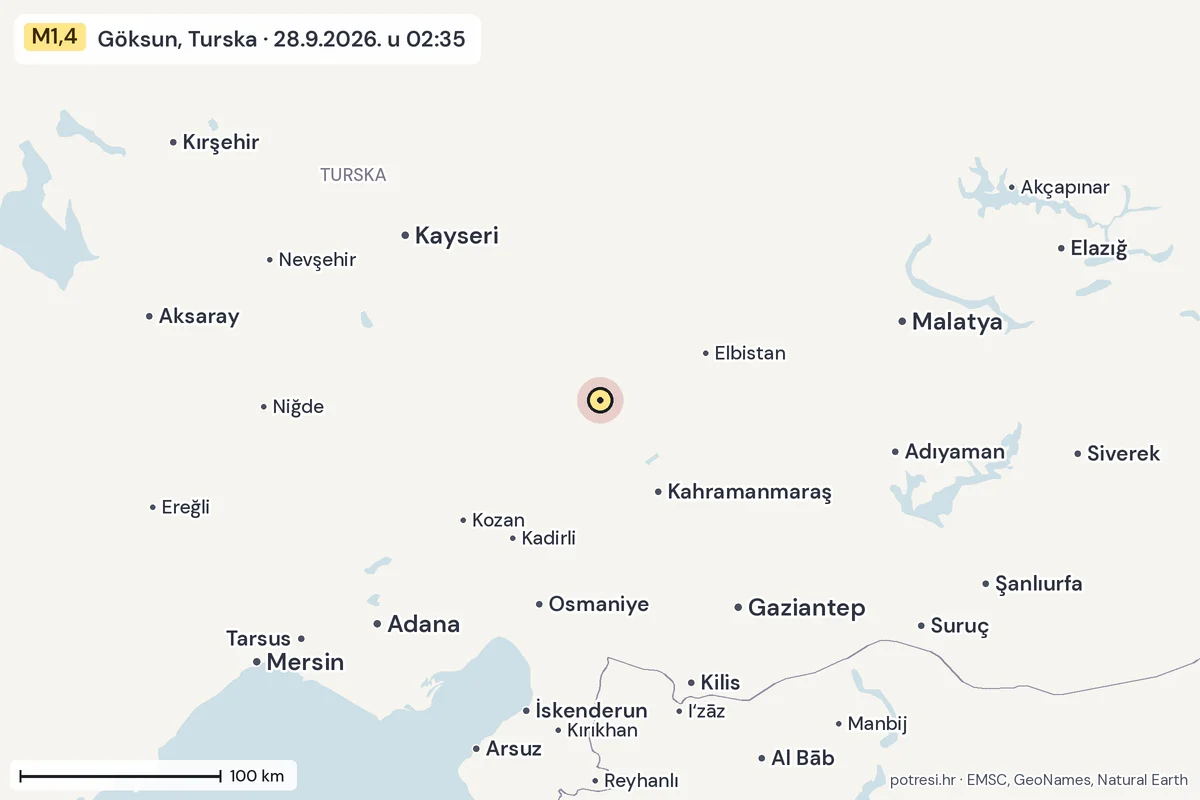 Karta: šire područje, 600 km, potres M1,4, Göksun, Turska, 28.9.2026.