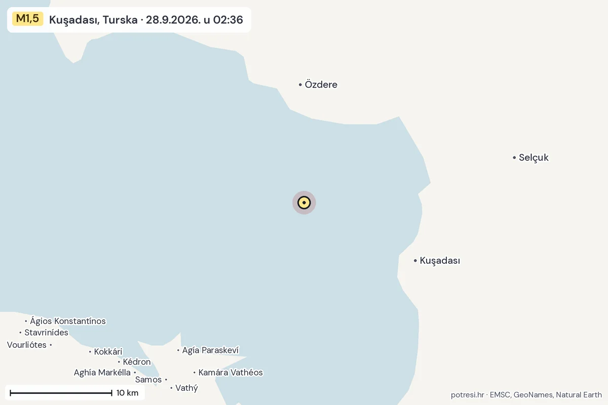 Karta: okolica epicentra, 60 km, potres M1,5, Kuşadası, Turska, 28.9.2026.