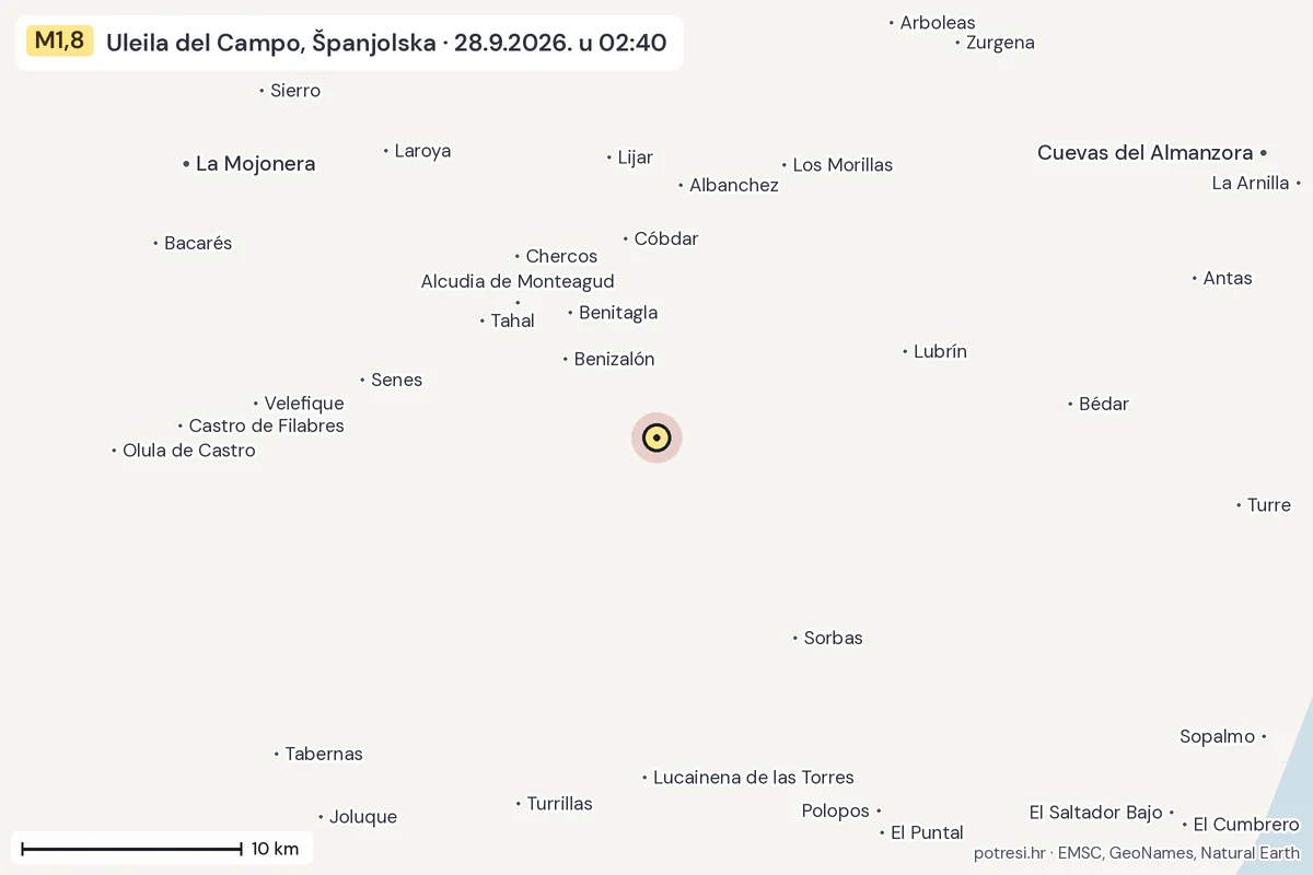 Karta: okolica epicentra, 60 km, potres M1,8, Uleila del Campo, Španjolska, 28.9.2026.