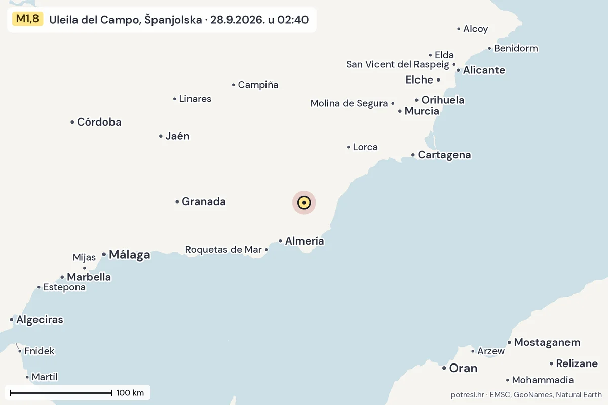 Karta: šire područje, 600 km, potres M1,8, Uleila del Campo, Španjolska, 28.9.2026.