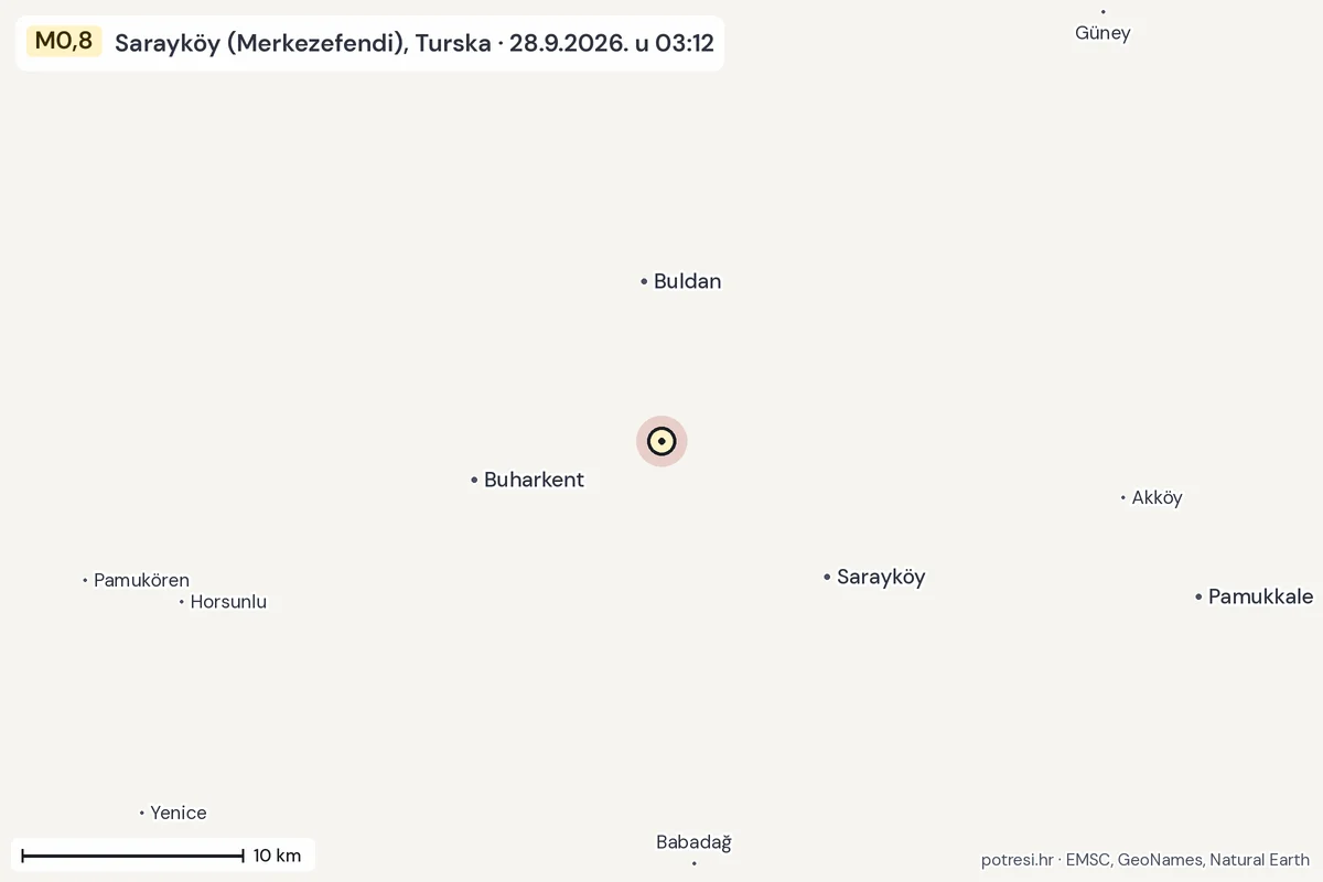Karta: okolica epicentra, 60 km, potres M0,8, Sarayköy (Merkezefendi), Turska, 28.9.2026.