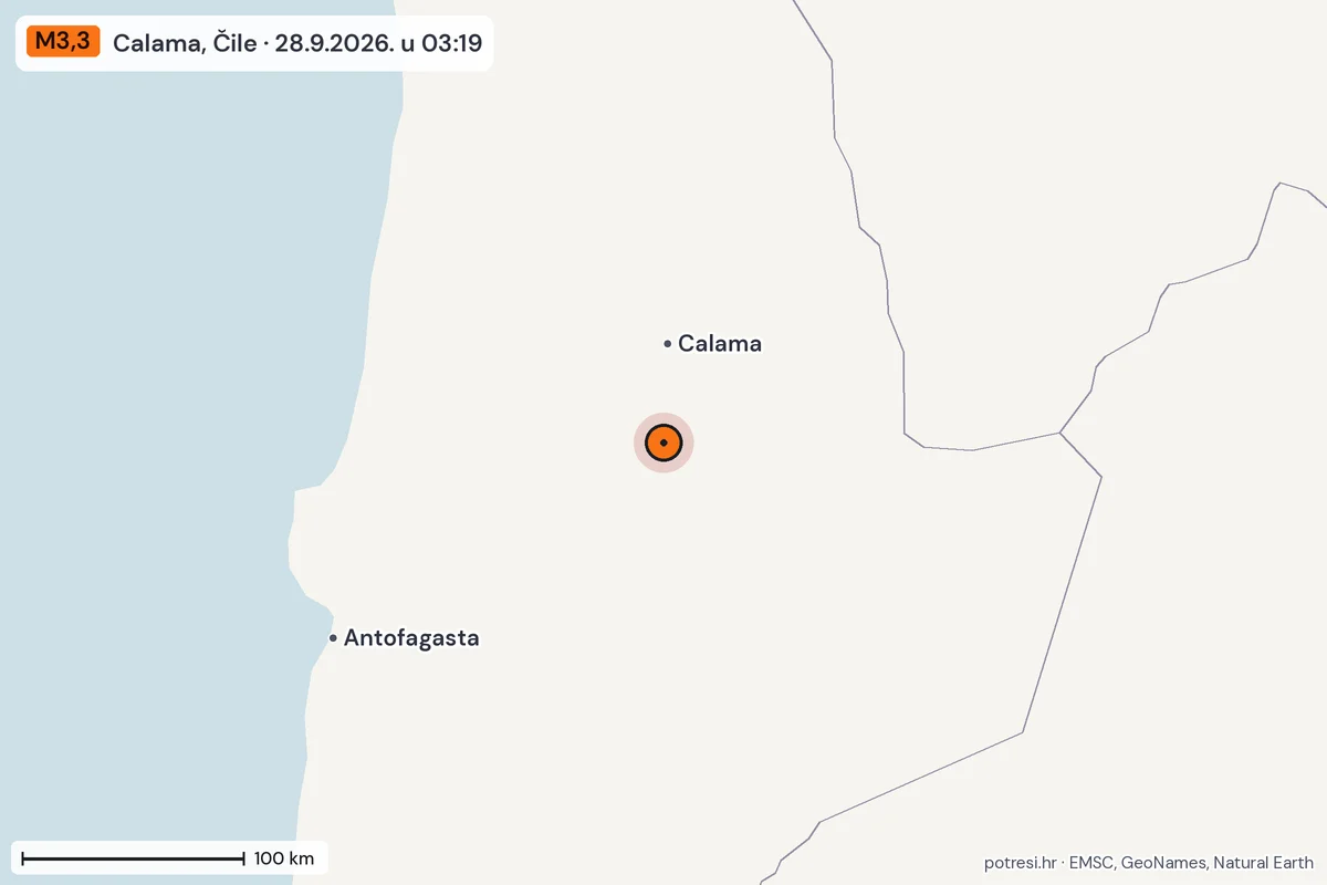Karta: šire područje, 600 km, potres M3,3, Calama, Čile, 28.9.2026.