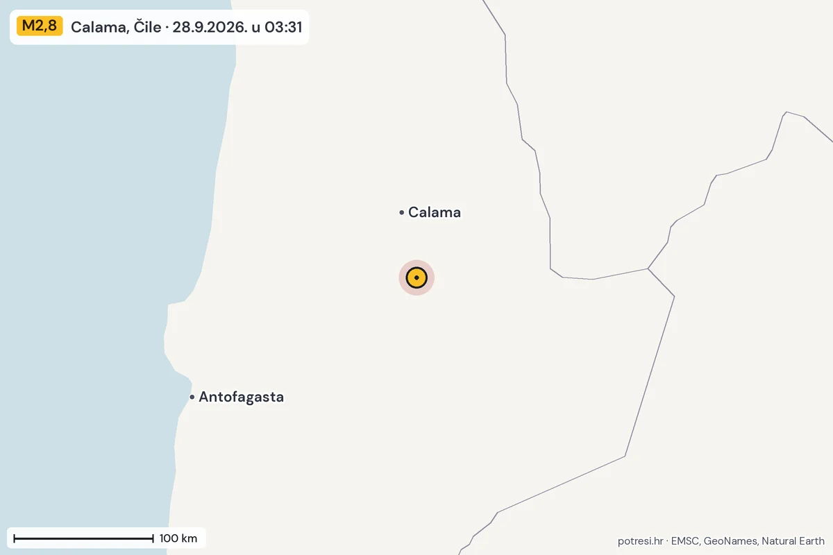 Karta: šire područje, 600 km, potres M2,8, Calama, Čile, 28.9.2026.