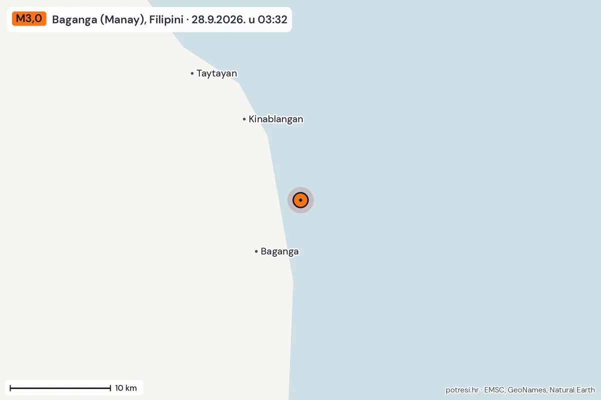 Karta: okolica epicentra, 60 km, potres M3,0, Baganga (Manay), Filipini, 28.9.2026.